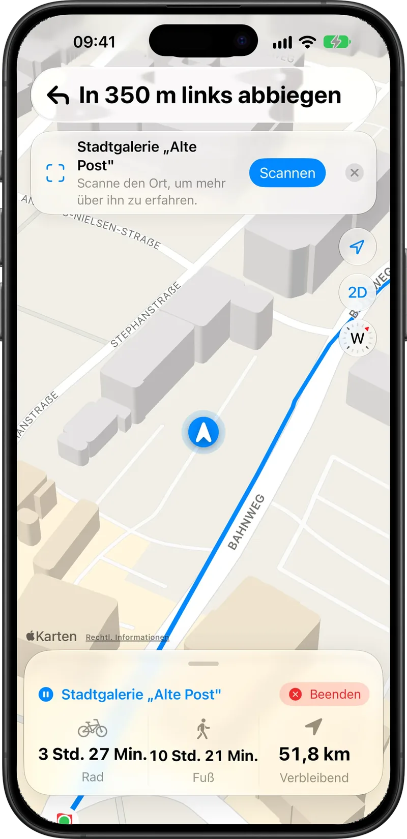 Navigation mit laufender Audio-Führung zur Stadtgalerie Alte Post und einem Hinweis zum Scannen