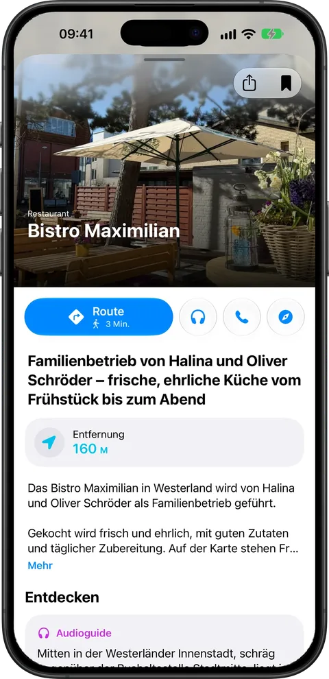 Ortsdetails mit Route, Audioguide, Telefon und Website