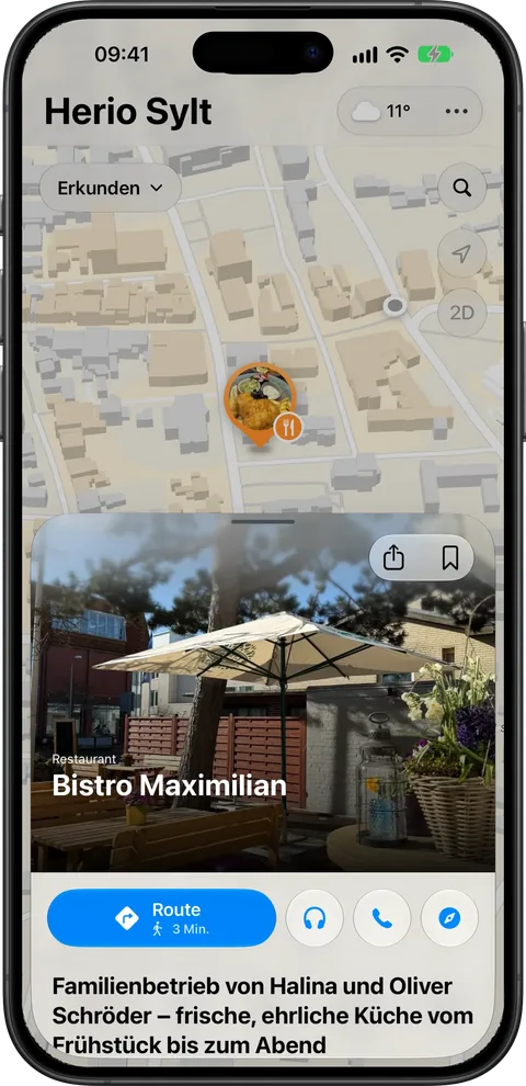 Ein Ort öffnet sich als Karte über der Karte: Bistro Maximilian