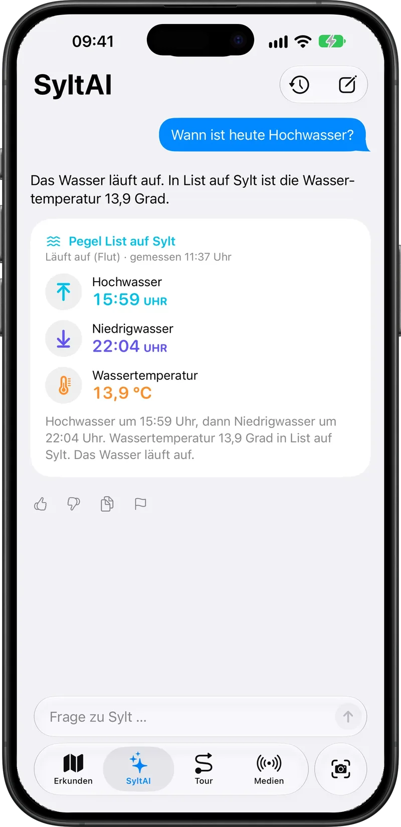 SyltAI-Antwort mit Hochwasser, Niedrigwasser und Wassertemperatur am Pegel List