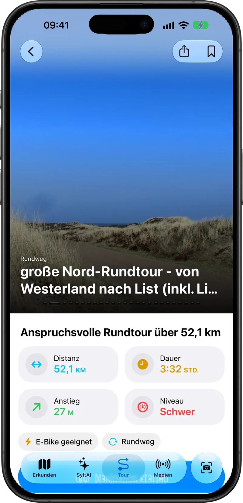Große Nord-Rundtour mit 52,1 Kilometern, 3:32 Stunden, 27 Metern Anstieg und Niveau schwer