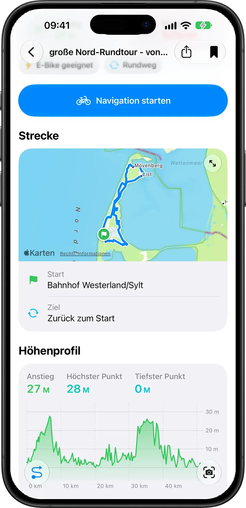 Strecke auf der Karte und Höhenprofil der Tour